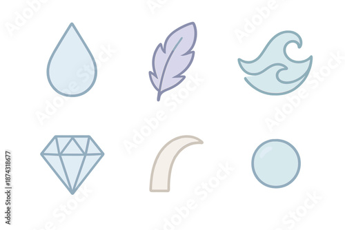 Refined Essence Icons. Refined Essence set in isometric flat vector : distilled drop, delicate plume, subtle wave, minimal gem shape, fine arc, airy bead