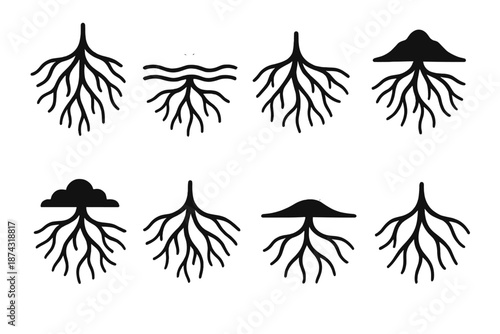 Rooted Earth Aesthetics. Terra Roots set in outline vector style : layered root strands, soft glow bead, gentle ripple line, earthy contour, grounded puff, natural curve, rooted shimmer, subtle arc