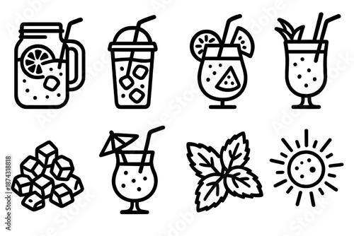 Refreshing Summer Drinks. Summer Refreshing Drinks set in outline vector style: lemonade jar, iced tea cup, watermelon drink, tropical smoothie, crushed ice,