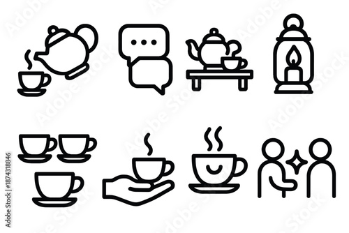 Tea Culture Icons. Social Tea Culture set in outline vector style: shared pot, conversation bubbles, tea table setting, group cups, warm lantern, offering gesture, friendly steam, gathering spark