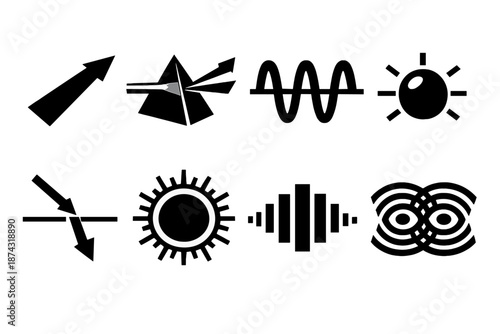 Bold Light Wave Icons. Light waves icon set in silhouette bold style. Contain beam line, prism split, wavelength curve, photon dot, refracted ray, glow ring, diffraction pattern, interference arcs
