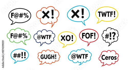Collection of colorful speech bubbles featuring comic style expletive symbols and common internet abbreviations like WTF and XO.