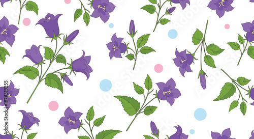 Pattern of purple bellflowers with green leaves and colorful polka dots on a white background for spring floral decoration.