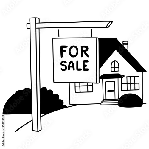 House with for sale sign in black and white illustration  