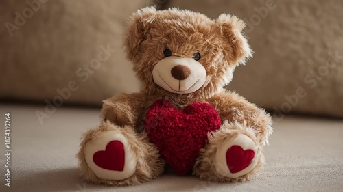 Teddy bear holding a red heart on soft beige background  