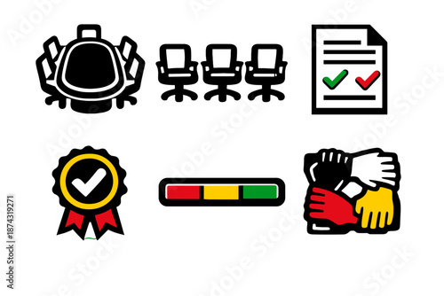 Brutalist Consensus Icons. Organizational consensus icon set in silhouette bold style. Contain boardroom table, meeting chairs, consensus document, agreement seal, progress bar, unity symbol