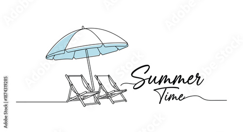 Simple one line drawing of two beach chairs under a sun umbrella with the text summer time for vacation and travel concepts.
