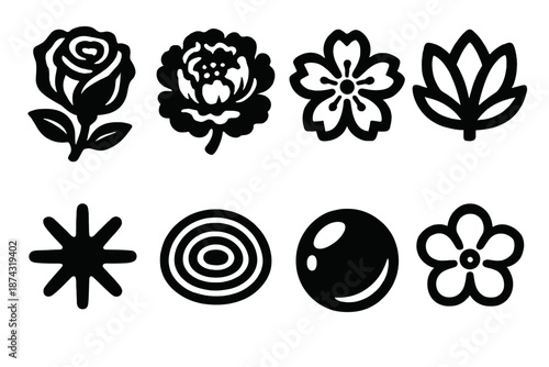Floral Icon Set. Traditional Flowers icon set in silhouette bold style. Contain rose, peony, sakura blossom, lotus motif, soft glow puff, gentle ripple line, reflective bead, floral contour