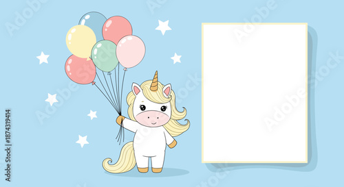 Cute baby unicorn holding colorful balloons next to a blank white frame on a blue starry background for nursery invitation.