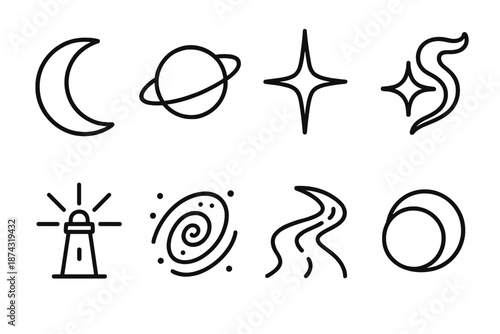 Celestial Icon Set. Celestial Skyrealm set in outline vector style: crescent moon, astral ring, shimmering star, cosmic wisp, luminous beacon, nebula swirl, sky pathway, soft eclipse