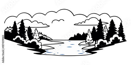 River landscape with trees and clouds in minimalist black and white  