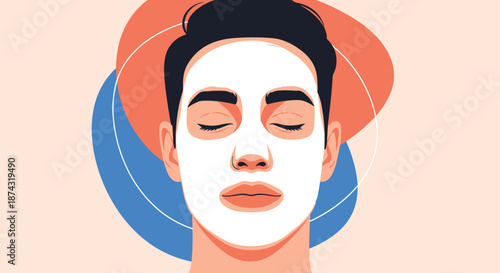 Flat illustration of a person's face with a white skincare facial mask applied for beauty, wellness, and self care concept.