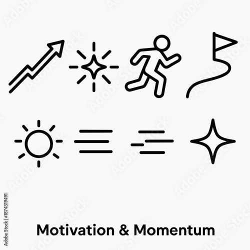 Momentum Icons Collection. Motivation & Momentum set in outline vector style: rising arrow, spark burst, running figure, upward path, goal flag, energized circle, momentum lines, bright star