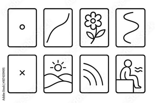Expressive Icon Composition. Moment Expression set in outline vector style : captured detail dot, soft narrative line, gesture arc, highlighted motif, unfolding