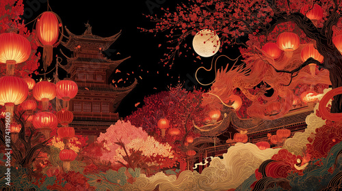 Vibrant Chinese lanterns and trees in an  festival setting  