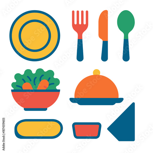 Modern Dining Icons. Shared Kitchen Plating & Serving vector set in modern flat style : plate, fork, knife, spoon, salad bowl, serving tray, sauce dish, napkin