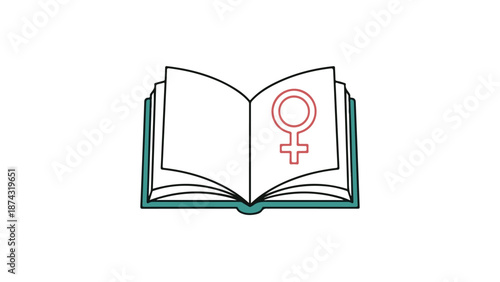 An illustration of an open book with a female sign on the page