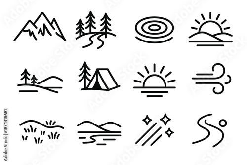 Nature Icons Collection. Wilderness Escape set in outline vector style: alpine ridge, forest path line, river ripple, open glade, tent crest, sunrise glow, cool