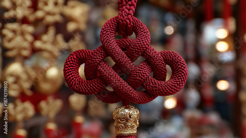Red decorative knot symbolizing fortune and prosperity on blurred background  