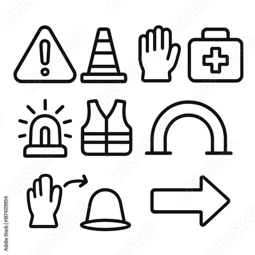 Safety Icons Collection. Safety Risk Control set in outline vector style: hazard sign, safety cone, protective gloves, first aid kit, emergency beacon, visibility vest, safe zone arc, response arrow