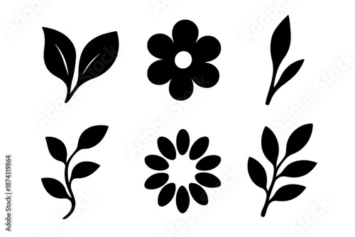 Bold Botanical Icons. Elegant botanicals icon set in silhouette bold style. Contain flowing leaf pair, airy blossom, tapered stem, subtle vine, gentle petal ring, poised branch