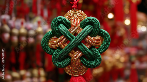 Lucky knot decoration. Colorful decorative Chinese knot in intricate design hanging indoors  