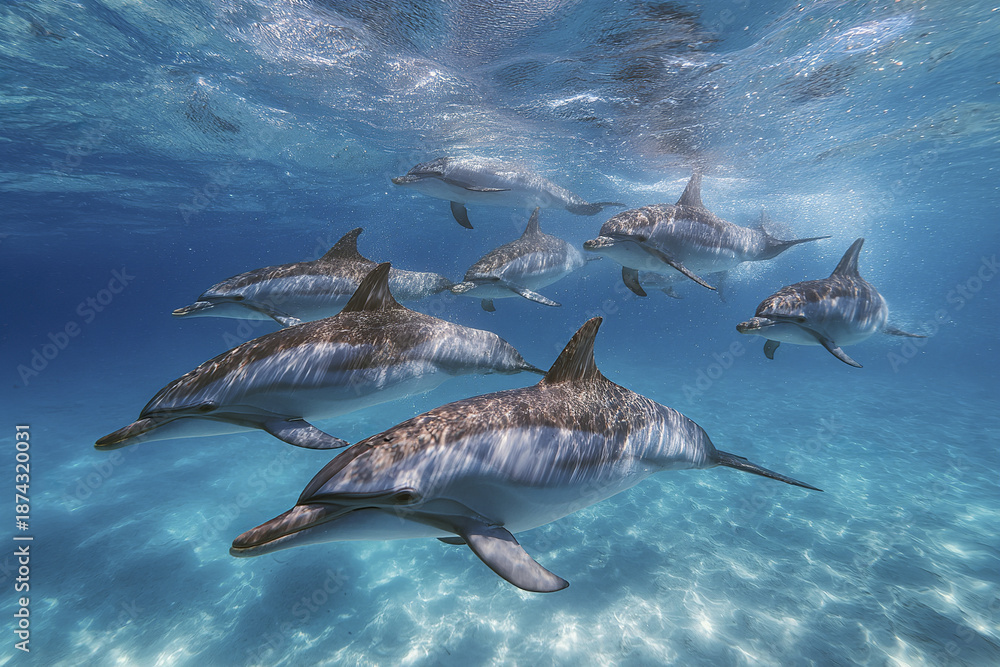 Fototapeta premium Dolphin pod swimming underwater in clear blue ocean with sunlight reflections creating peaceful and serene marine scene full of life and movement