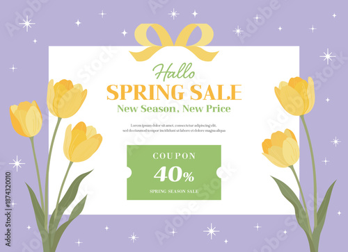 Spring sale promotion banner with yellow tulips and a coupon. Elegant floral design on a purple background with stars. Ideal for seasonal marketing, fashion retail, and social media ads.