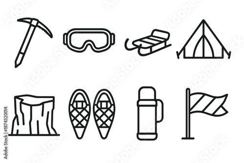 Arctic Adventure Icons. Arctic Adventure set in outline vector style: ice axe, snow goggles, sled, polar tent, ice cliff, snowshoes, thermos, wind flag