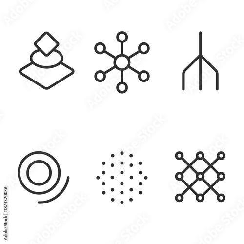 Abstract Scientific Icons. Scientific Tools abstract set in outline vector style: layered shapes, radiating nodes, branching lines, circular arcs, dotted cluster, experimental mesh