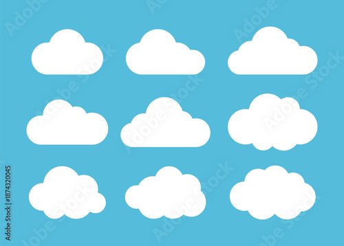 Set of nine simple white cloud icons in various fluffy shapes on a bright blue background. Minimalist flat vector illustration perfect for weather apps, web design, and children's book backgrounds.