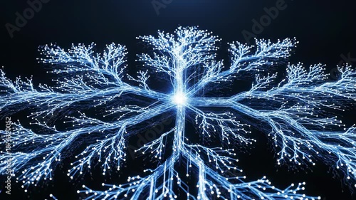 A decorative blue crystal snowflake vector illustration set on a black background for a cold winter Christmas holiday celebration design