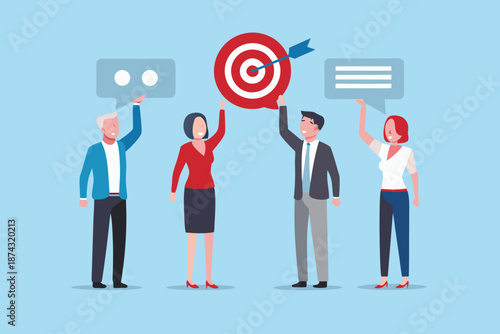 Team celebrating success with a target and speech bubbles illustration