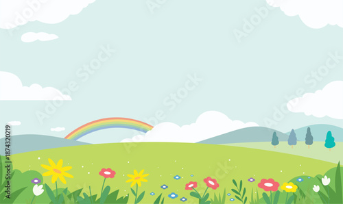 Beautiful meadow landscape with rainbow and colorful flowers