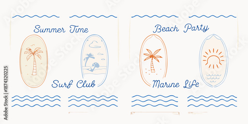 Summer themed surfboard designs with tropical elements and ocean wave motifs