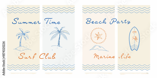 Summer themed banners with beach elements like palm trees and surfboards