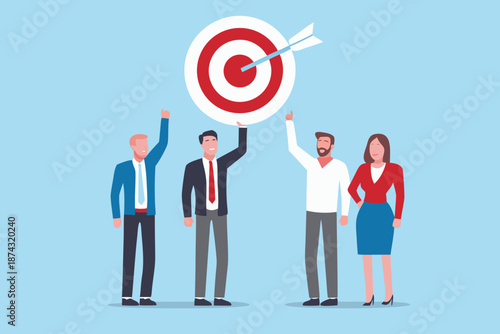 Team celebrating success with a target hit by an arrow achievement concept