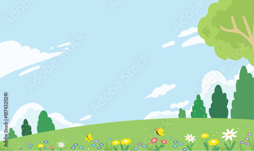 Sunny day field landscape with trees and butterfly