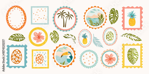 A collection of colorful tropical themed stickers and frame designs