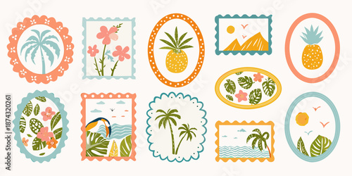 Collection of colorful vintage style postage stamps featuring tropical plants and scenes