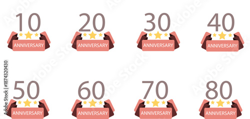 10周年から80周年まで対応した星付き周年記念バッジセット｜数字とリボンを組み合わせたアニバーサリーデザイン、企業周年・記念イベント・キャンペーン・お祝いに使えるフラットイラスト素材
