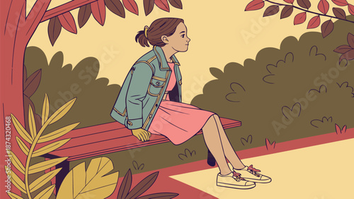 A young woman with brown hair pulled back in a ponytail sits alone on a park bench wearing a teal denim jacket and a pink dress enjoying a moment of quiet contemplation