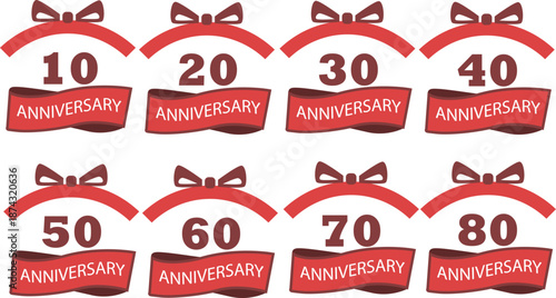 10周年から80周年まで対応した周年記念リボンバッジセット｜赤いリボンと数字のアニバーサリーデザイン、記念日・企業周年・キャンペーン・お祝いイベントに使えるフラットイラスト素材