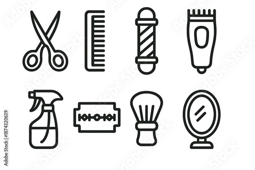 Barber Tools Icons. Barber set in outline vector style: scissors, comb, barber pole, clipper, spray bottle, razor blade, brush, mirror