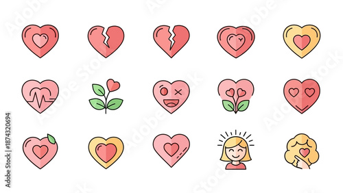 Collection of Cartoon Heart Emoticon Icons.