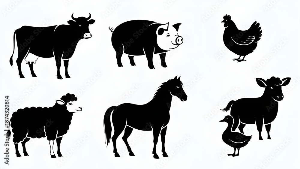 Fototapeta premium Siluetas de animales de granja: vaca, cerdo, pollo, caballo, oveja, pato