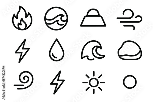 Elemental Icon Collection. Core Elements set in outline vector style: fire burst, flowing water ring, sturdy earth mound, soft breeze arc, electric pulse,