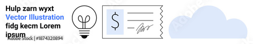 Cloud computing, innovation ideas, financial transactions, digital data, business solutions, tech apps. Lightbulb, payment check and cloud graphic in minimal style. Cloud computing and innovation