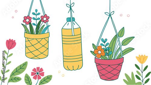 Hand drawn illustration of hanging recycled plant pots made from plastic bottles and woven baskets overflowing with vibrant green plants and colorful flowers