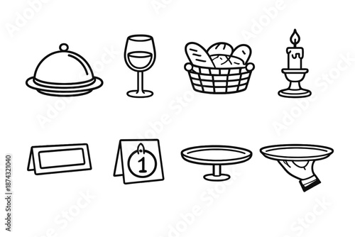 Elegant Dining Icons. Restaurant diningset in outline vector style menu card, cloche, wine glass, bread basket, candle, reservation tag, table number, server tray